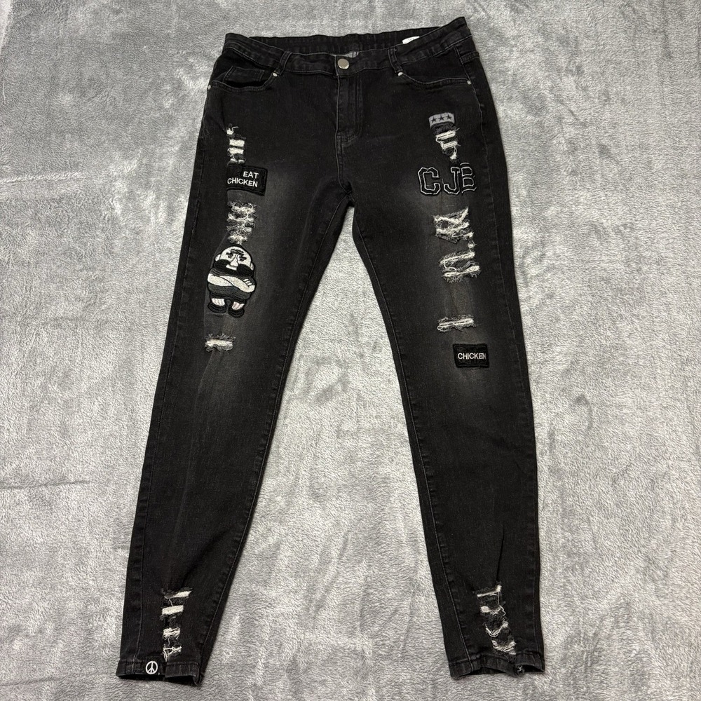 Black Distressed‎ Skinny Jeans XXL Patches Graphic Streetwear Stretch Denim